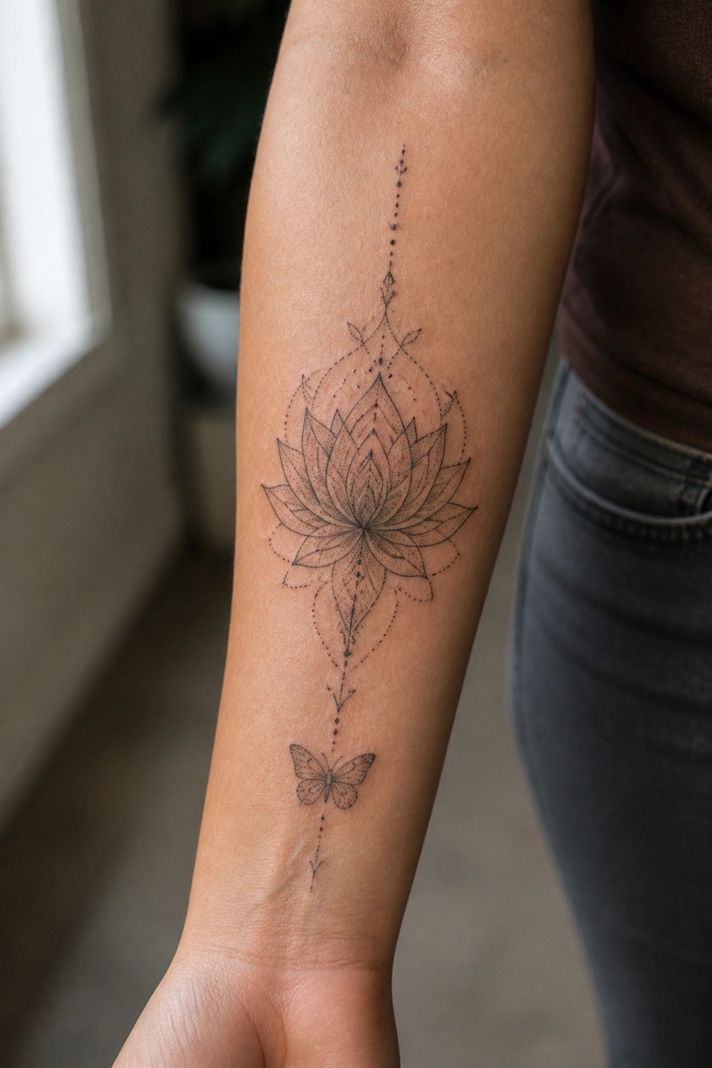 Intricate black lotus flower tattoo with butterfly and dotted lines on forearm.