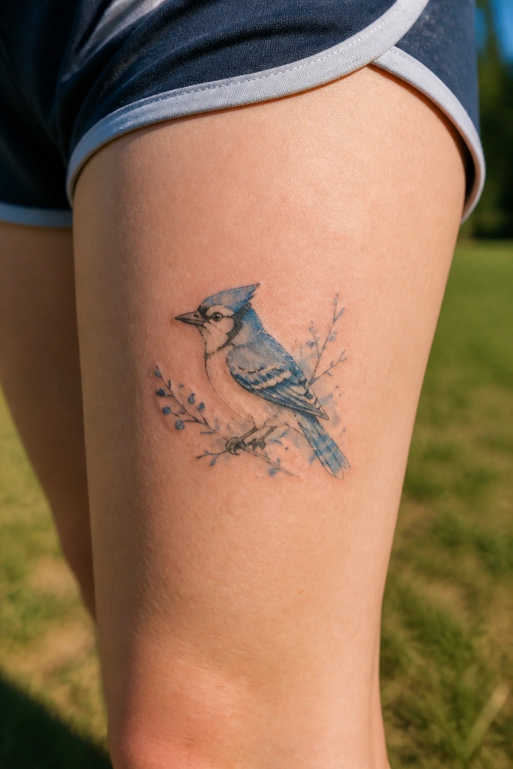 Small blue jay tattoo with branch and berries on the thigh in watercolor style