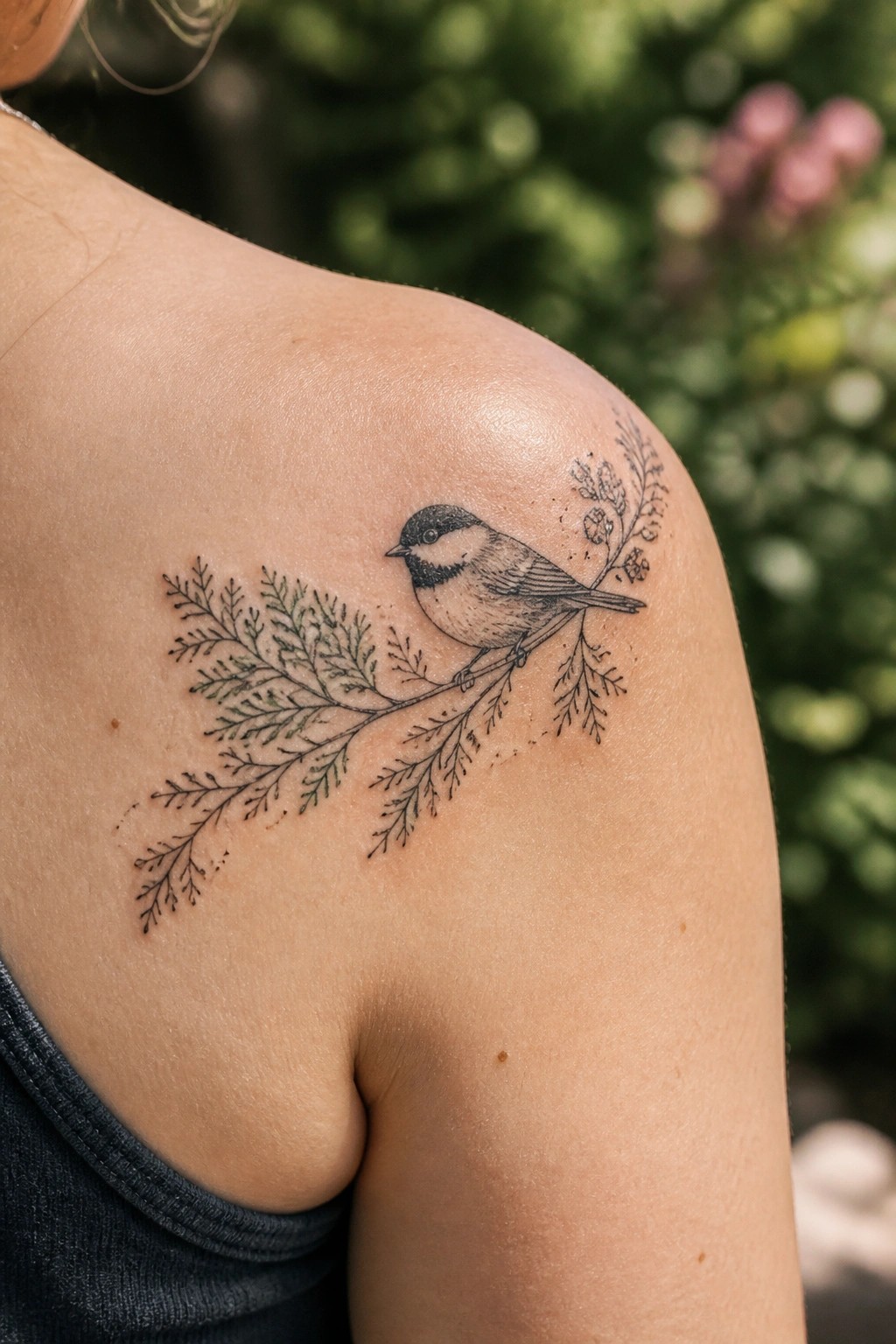Black ink tattoo of chickadee perched on leafy branch across shoulder