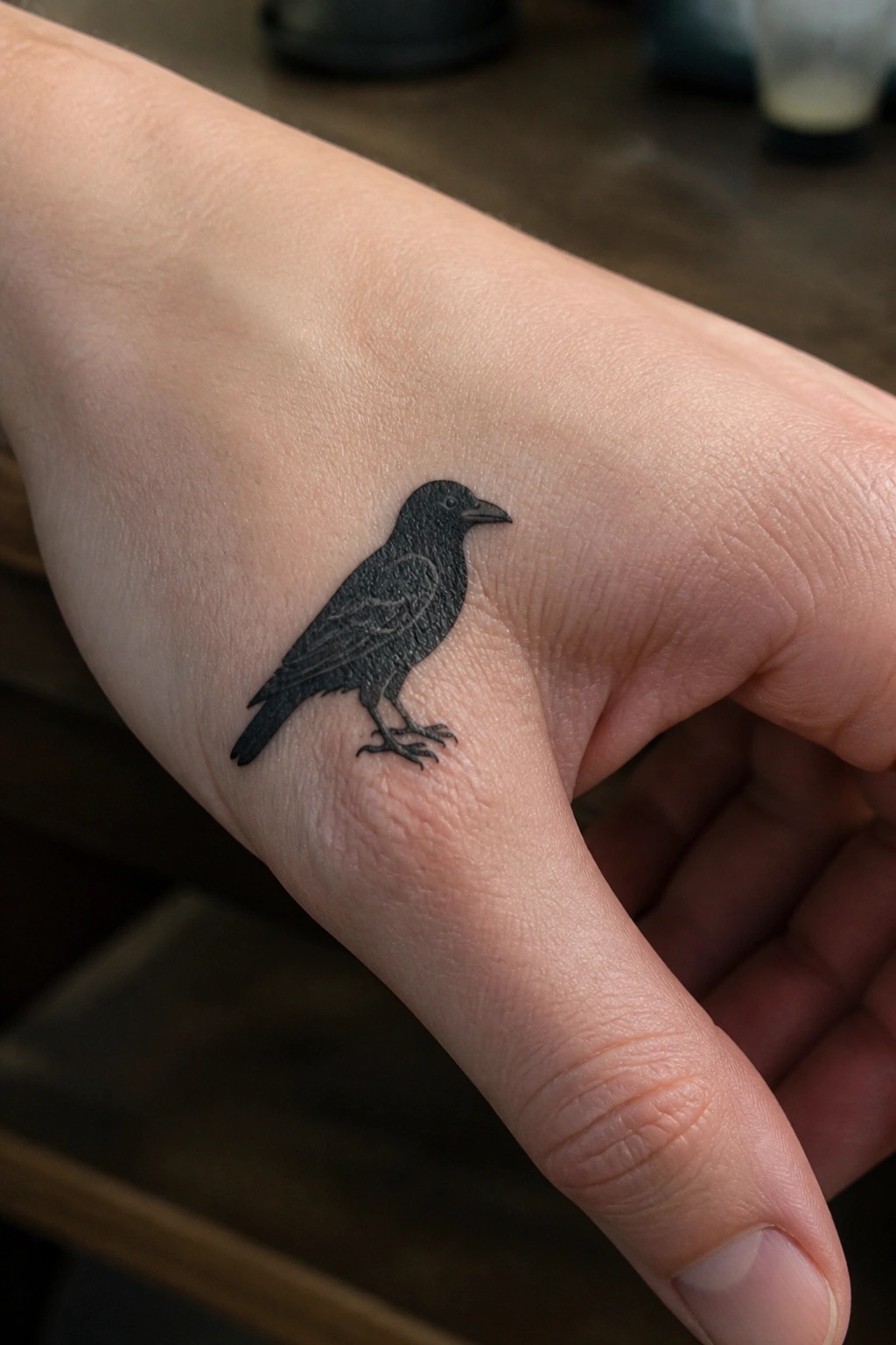 Detailed black bird tattoo on light-skinned hand near thumb base.