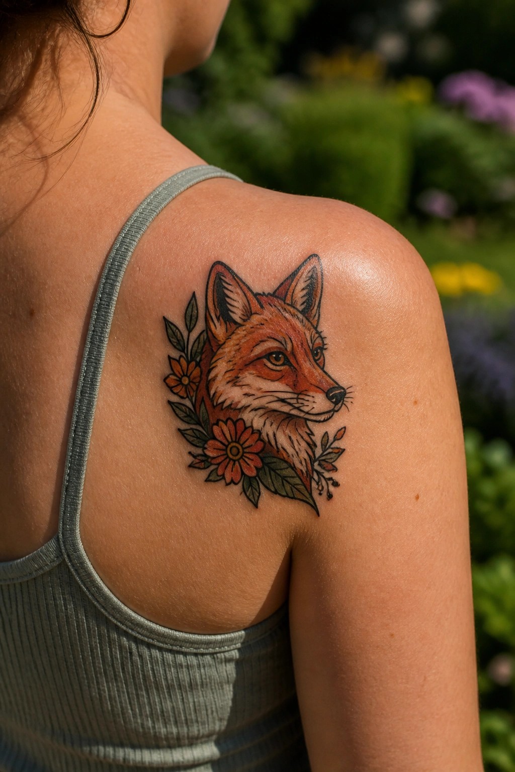 Colored fox head tattoo with surrounding flowers on the shoulder of a person wearing a tank top.