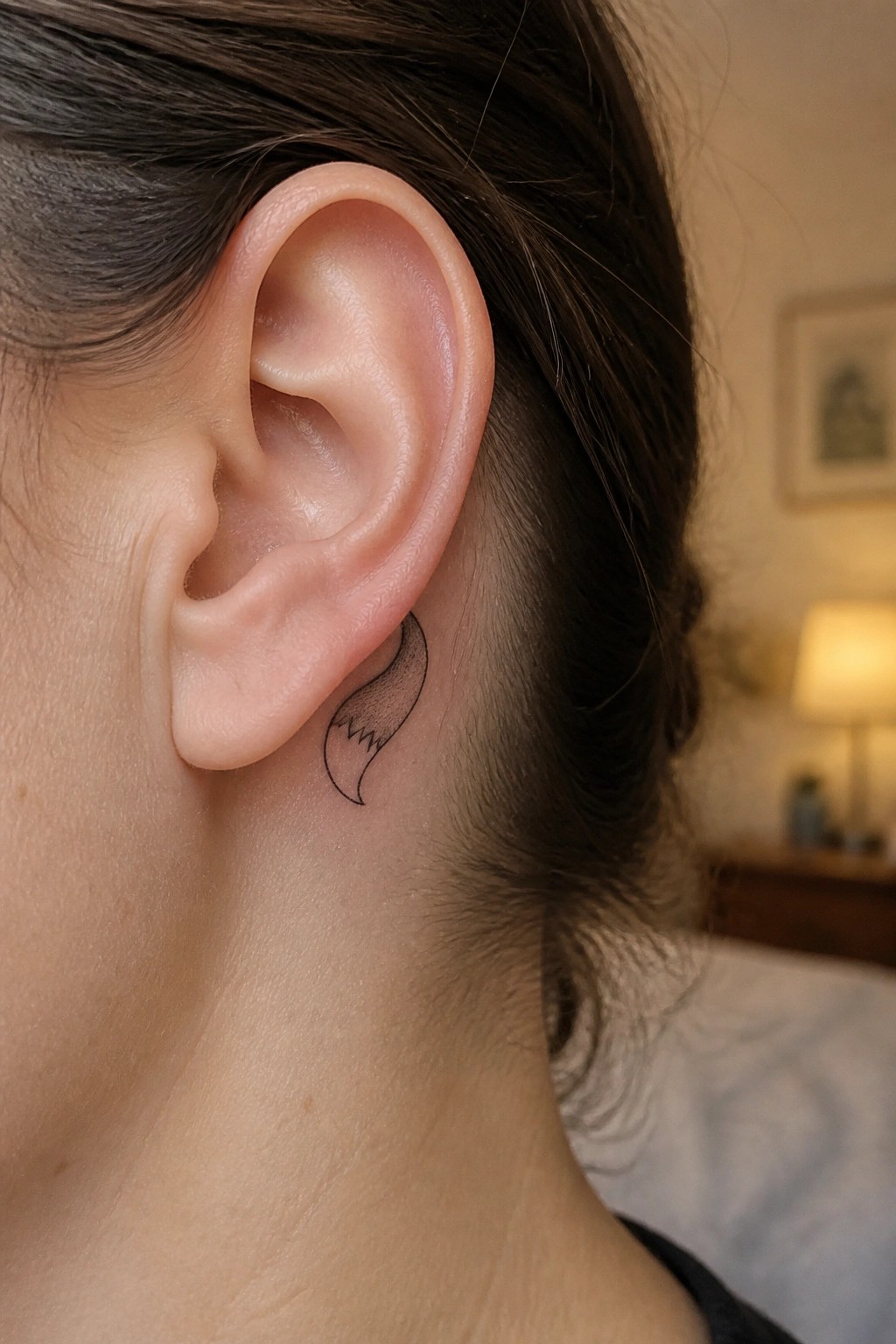 Close-up of ear with dark hair and small black curved tattoo on skin.