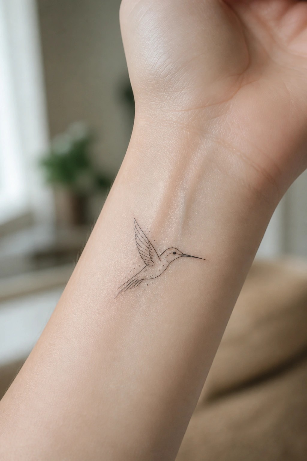 Small fine line hummingbird tattoo placed on the inner wrist