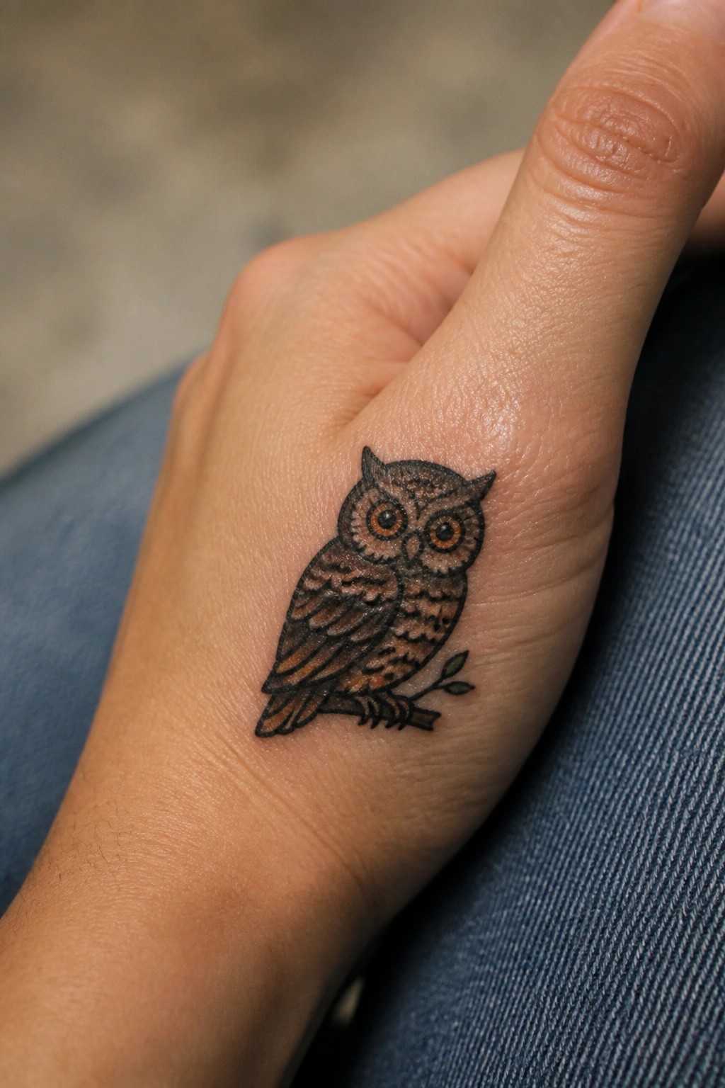 Small owl tattoo on the back of a hand showing an owl perched on a branch with brown shading and orange eyes.