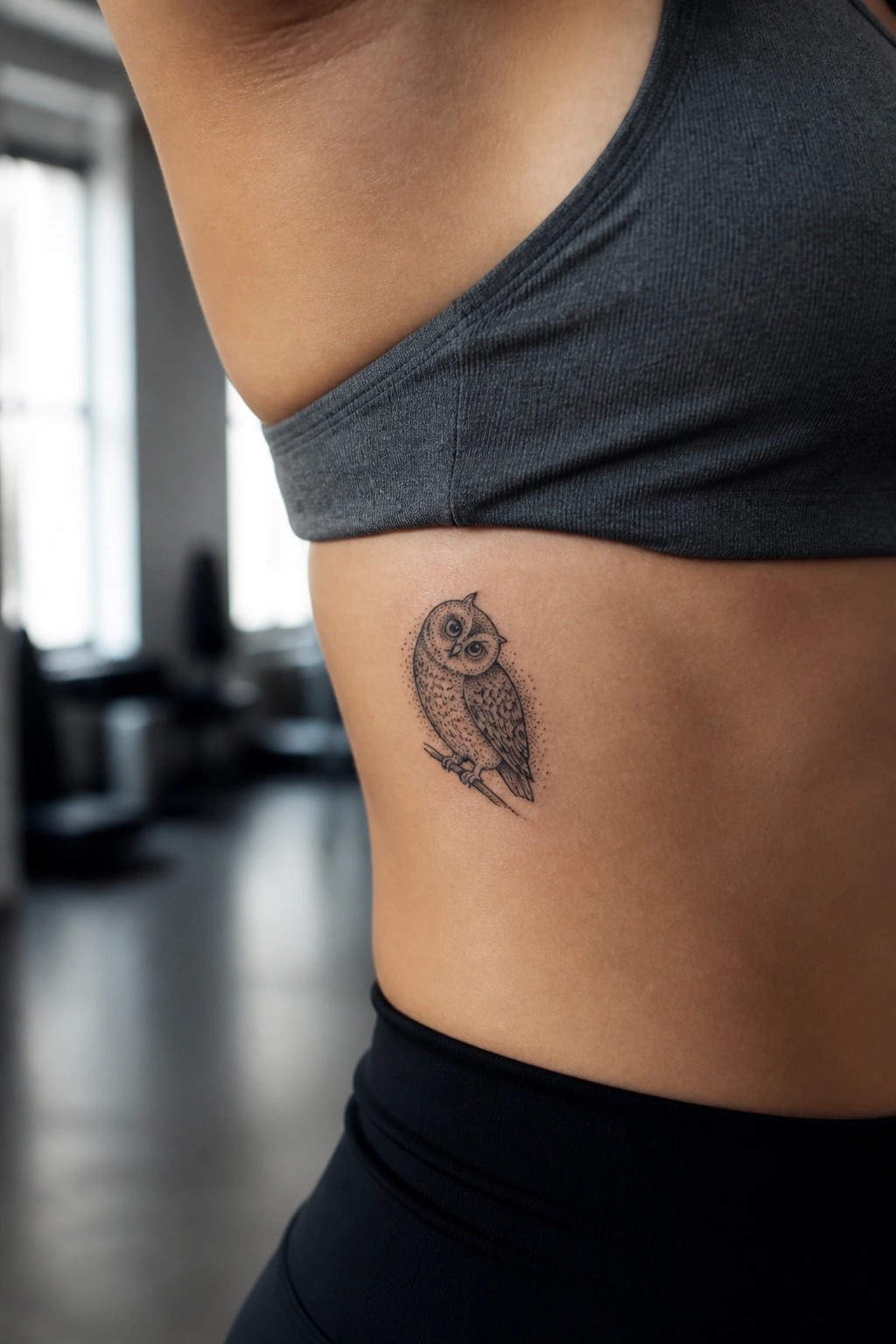 Owl tattoo on ribcage under gray sports bra in blurred gym setting