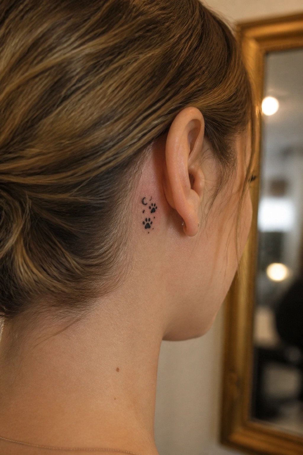 Woman with light brown hair in bun and paw print moon tattoo behind ear