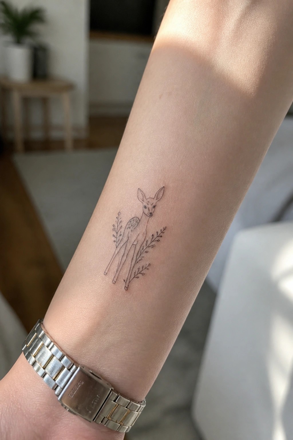 Delicate line-art fawn tattoo with branches on forearm above silver watch