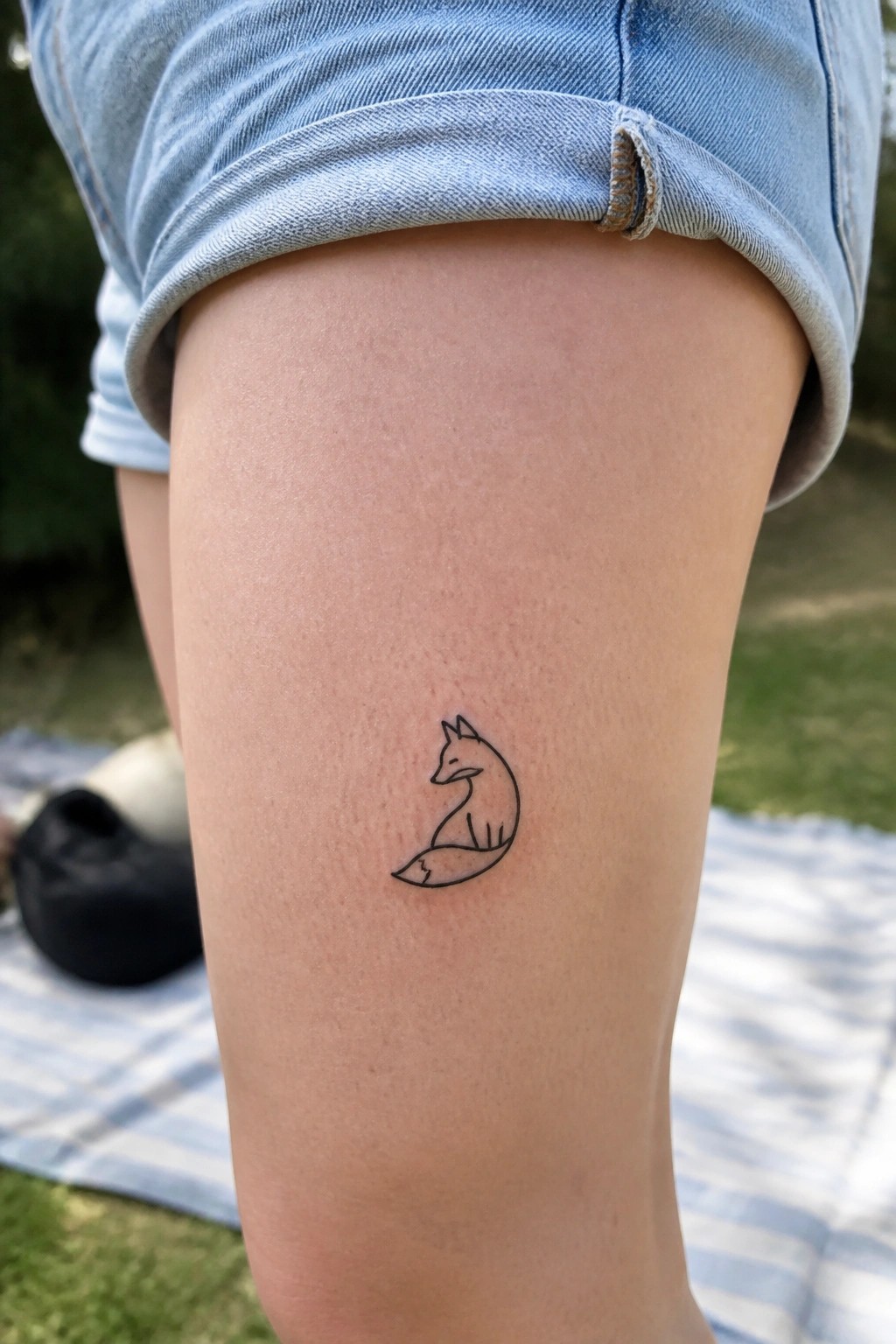 Small black line-art fox tattoo on thigh under light blue cuffed denim shorts.