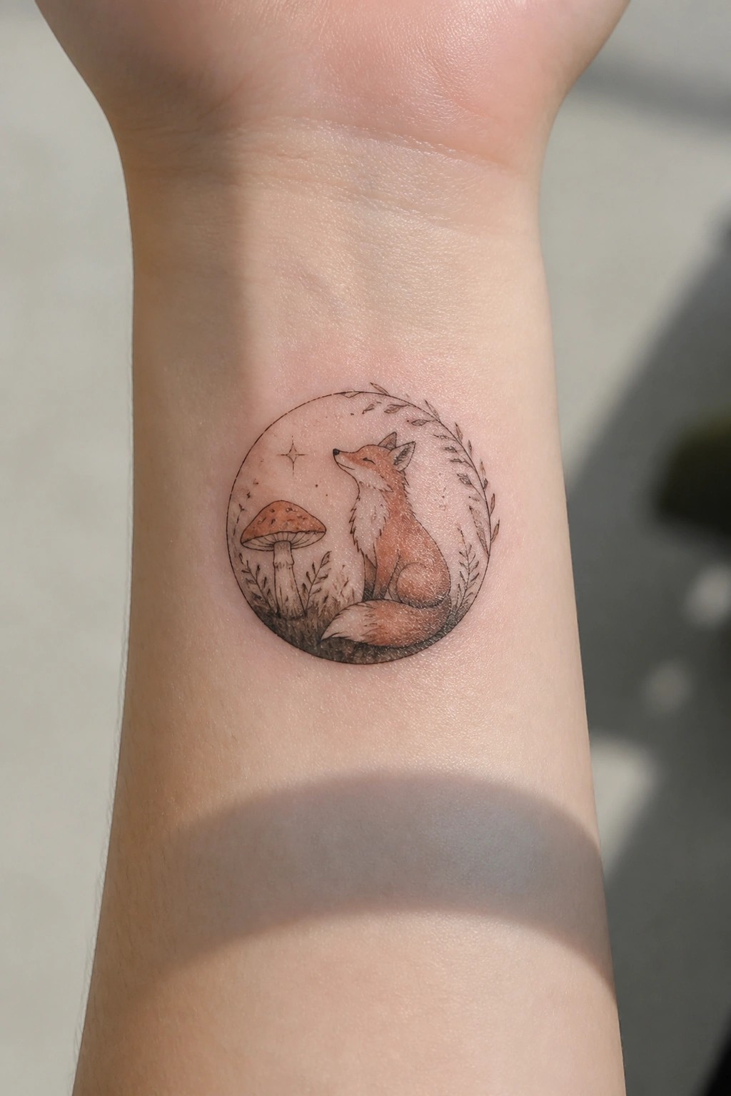 Circular wrist tattoo of a fox beside a mushroom with leafy border and stars.