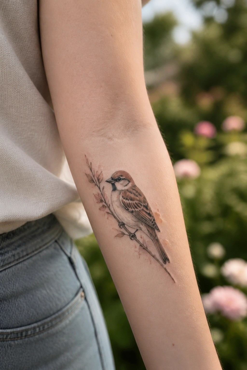 Watercolor sparrow tattoo on forearm with leafy branch, beige shirt and blue jeans.
