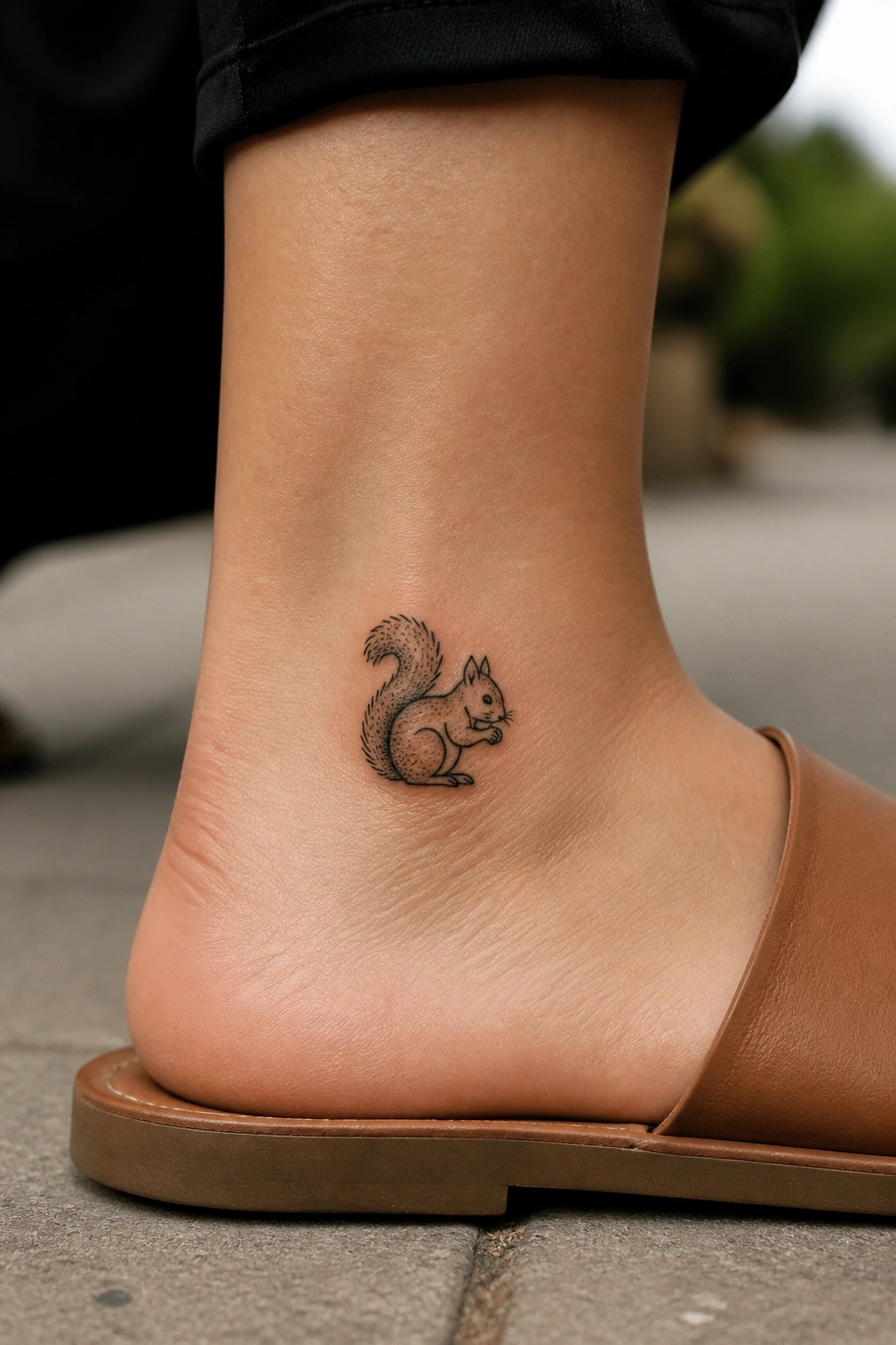 Small fine line squirrel tattoo on the outer ankle above a brown sandal.