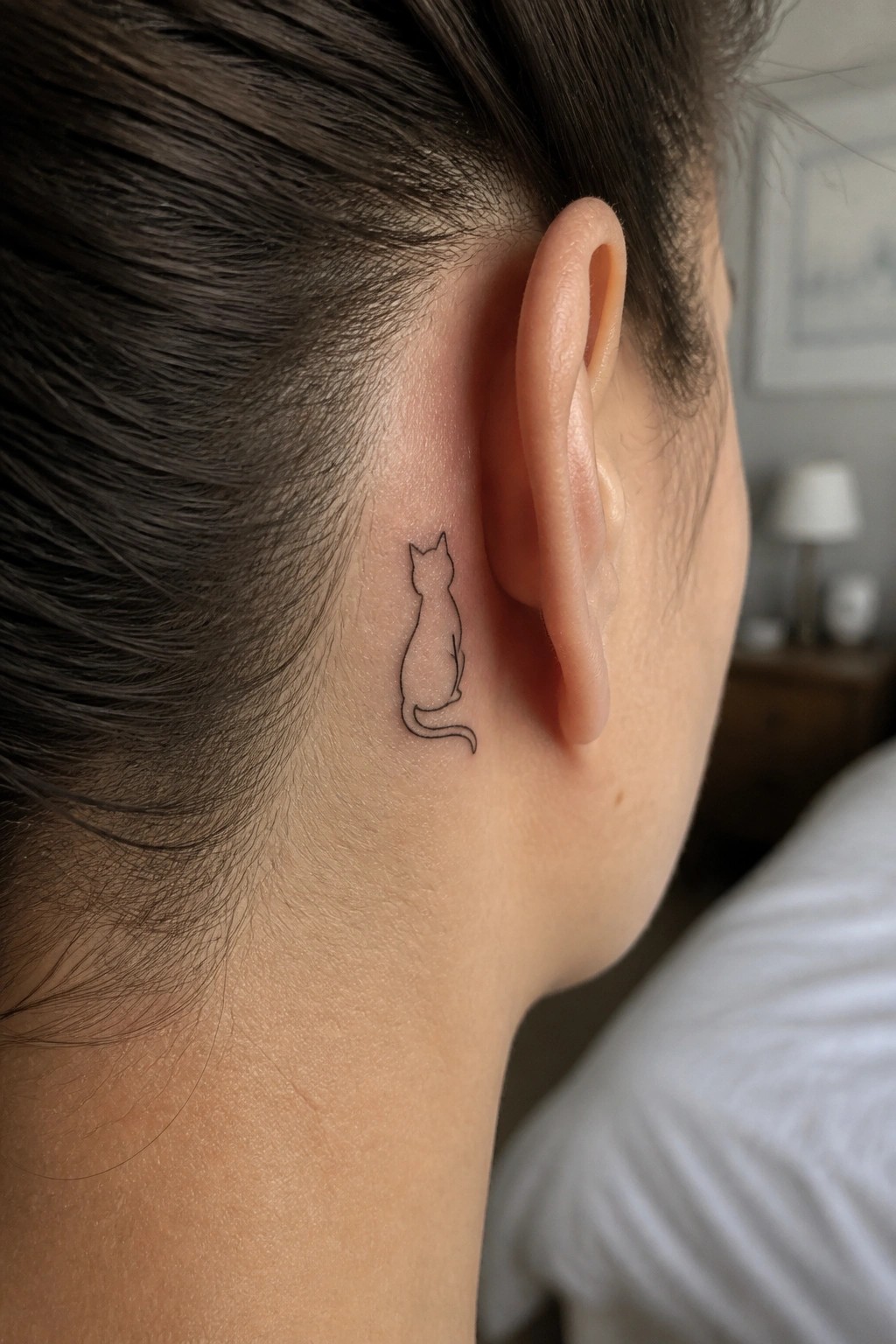 Small black line drawing cat tattoo behind a person's ear on light skin