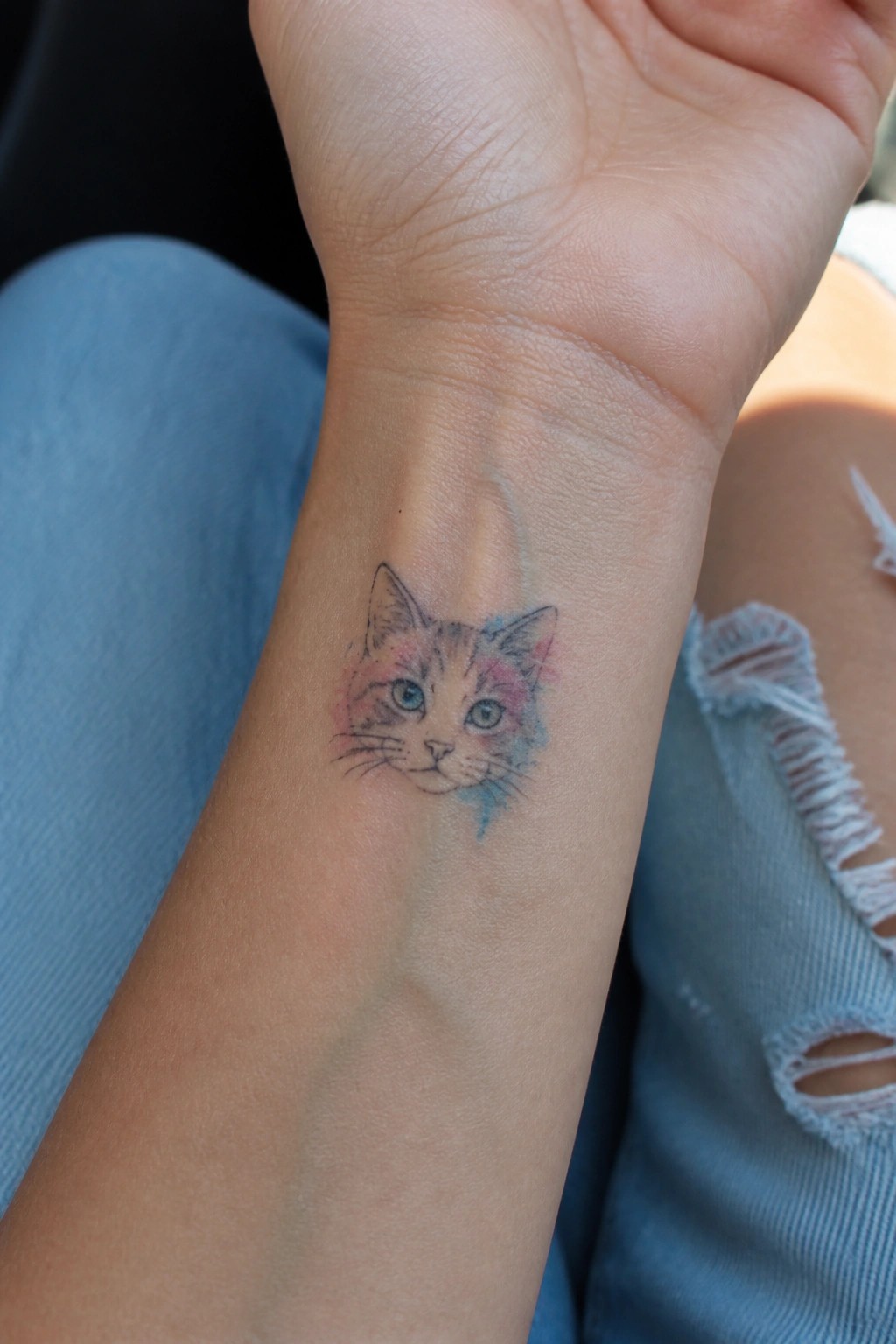 Watercolor cat tattoo with pink and blue accents on wrist above ripped jeans