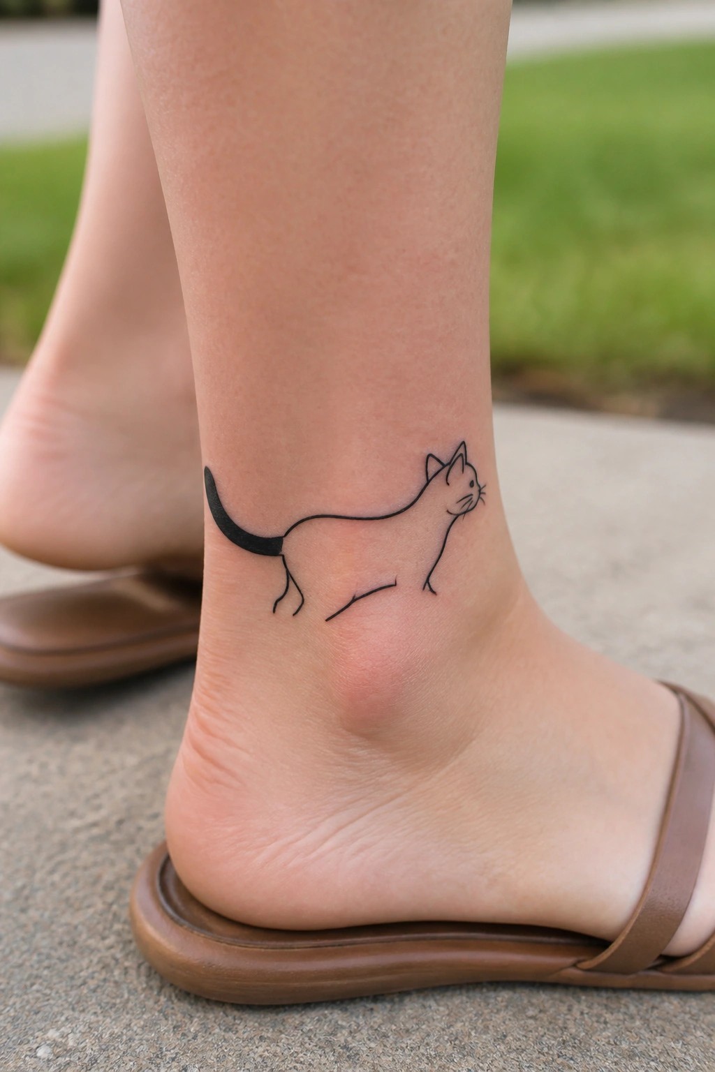 Minimalist black cat tattoo on ankle above brown sandal on pavement with grass