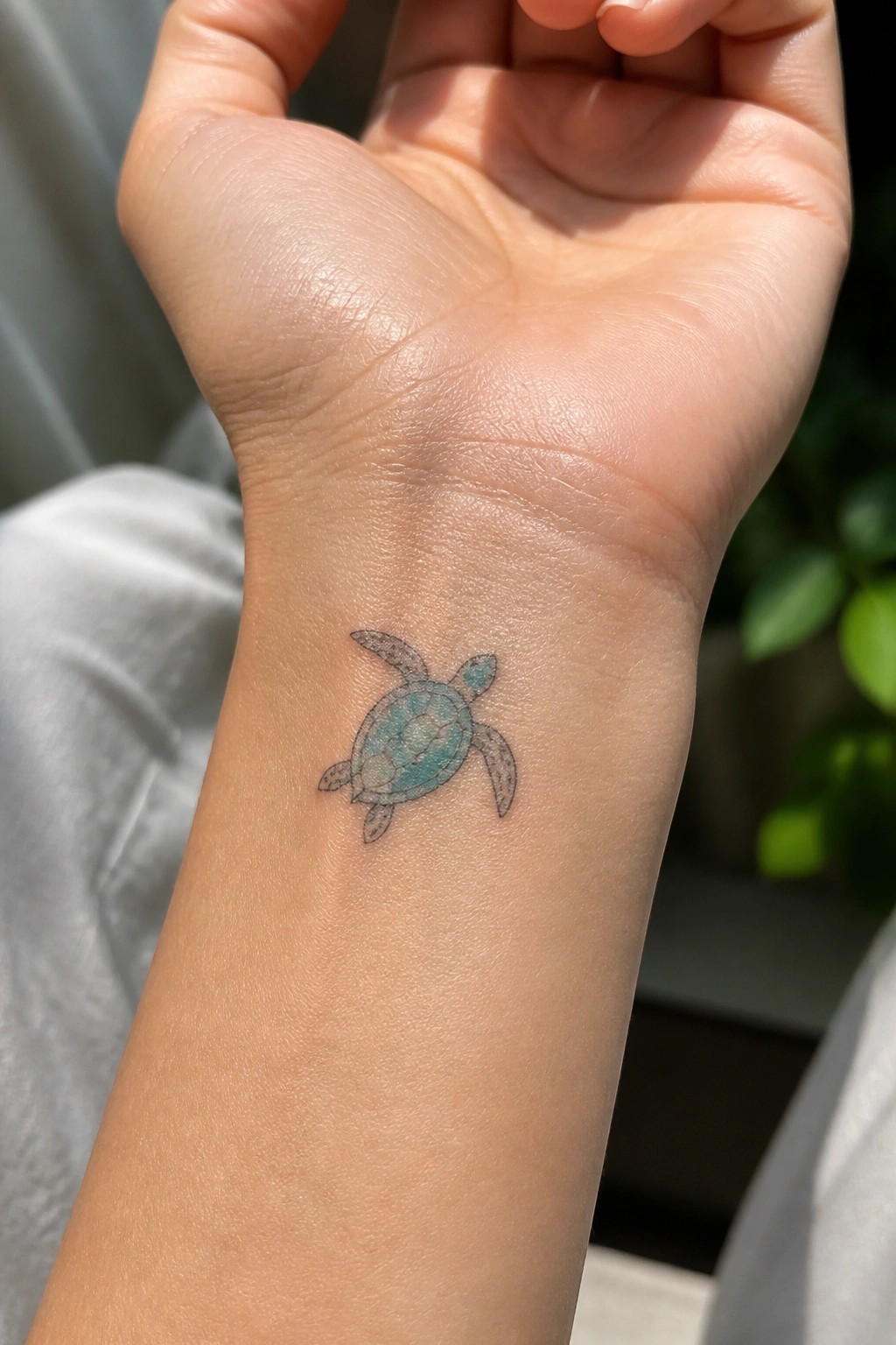 Small sea turtle tattoo with light teal watercolor shading inside a fine black outline on the inner wrist
