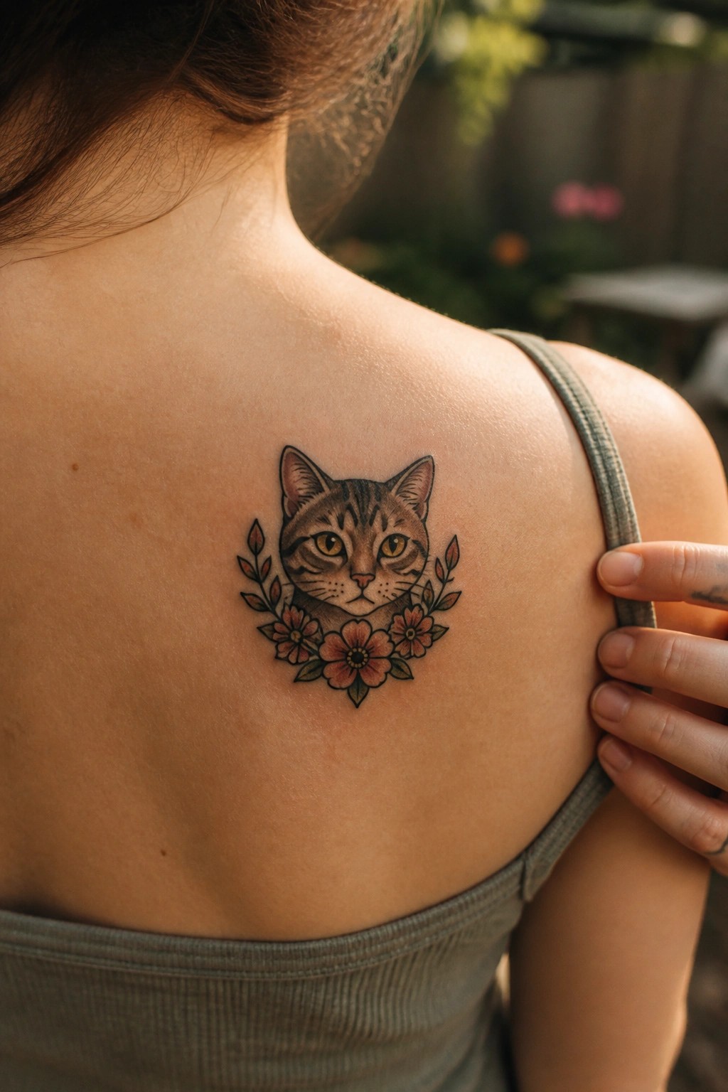 Cat tattoo with pink flowers on woman's upper back in gray top