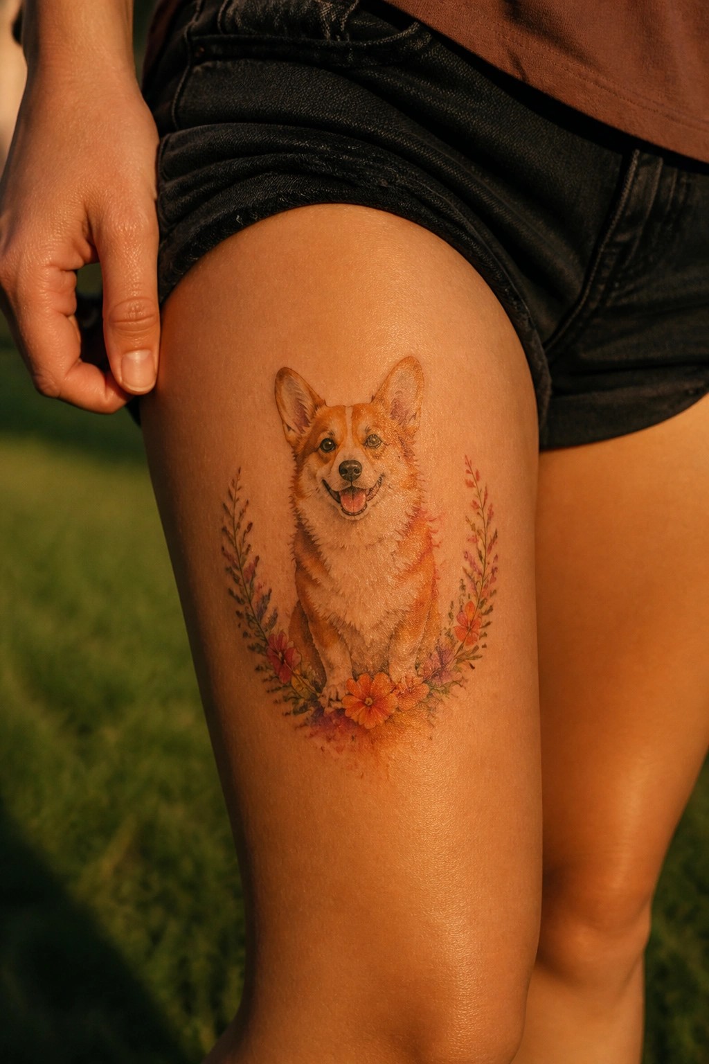 Watercolor corgi tattoo with flowers on thigh, black denim shorts visible.