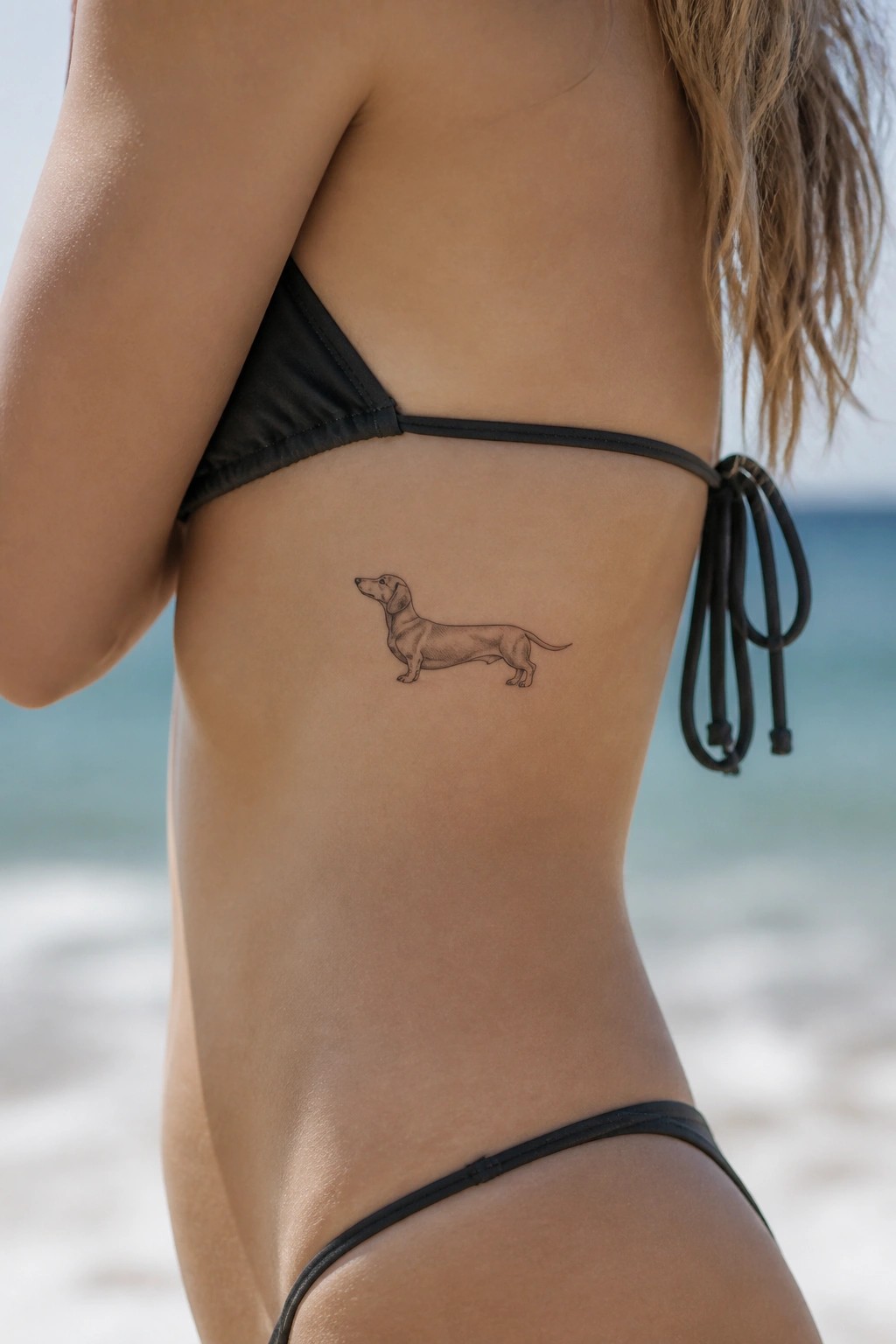 Woman in black bikini with dachshund tattoo on side at beach
