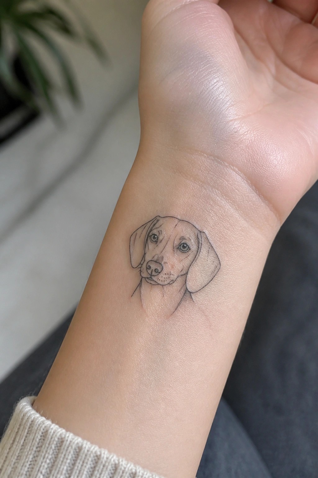 Fine line dog head tattoo on the inner wrist with light shading on the face and ears