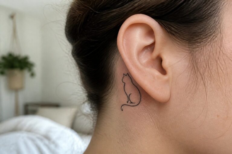 19 Pretty Small Animal Tattoos for Women Featuring Cats, Dogs, Turtles, and Foxes Small black line drawing cat tattoo behind a person's ear on light skin