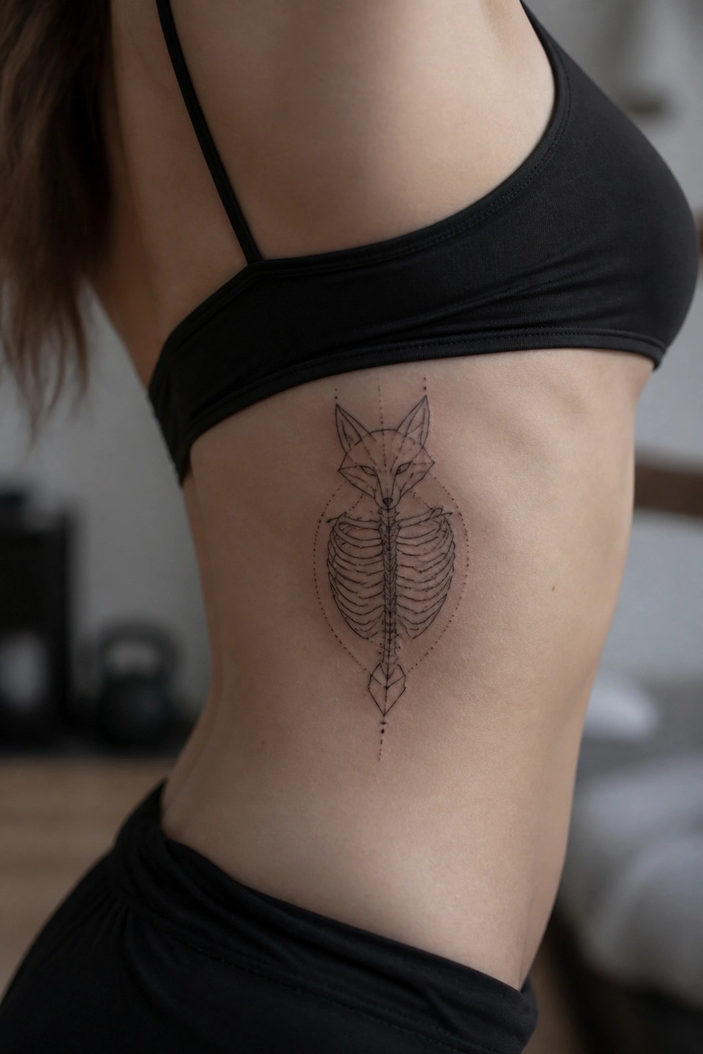 Geometric fox ribcage tattoo on side torso in black sports bra