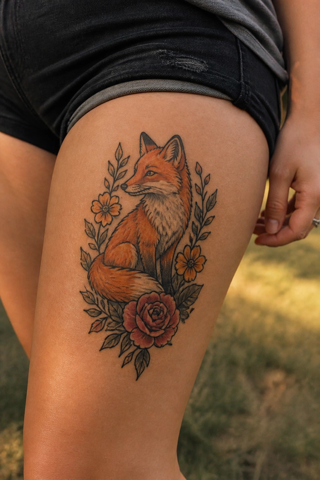 Orange fox tattoo with flowers on thigh under black shorts.