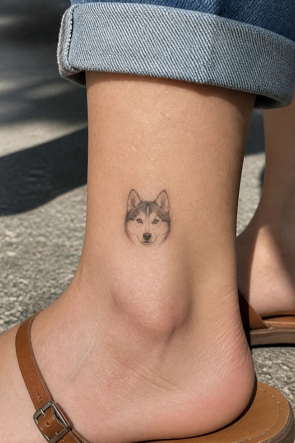 Husky face tattoo on ankle below rolled blue jeans and brown sandal strap