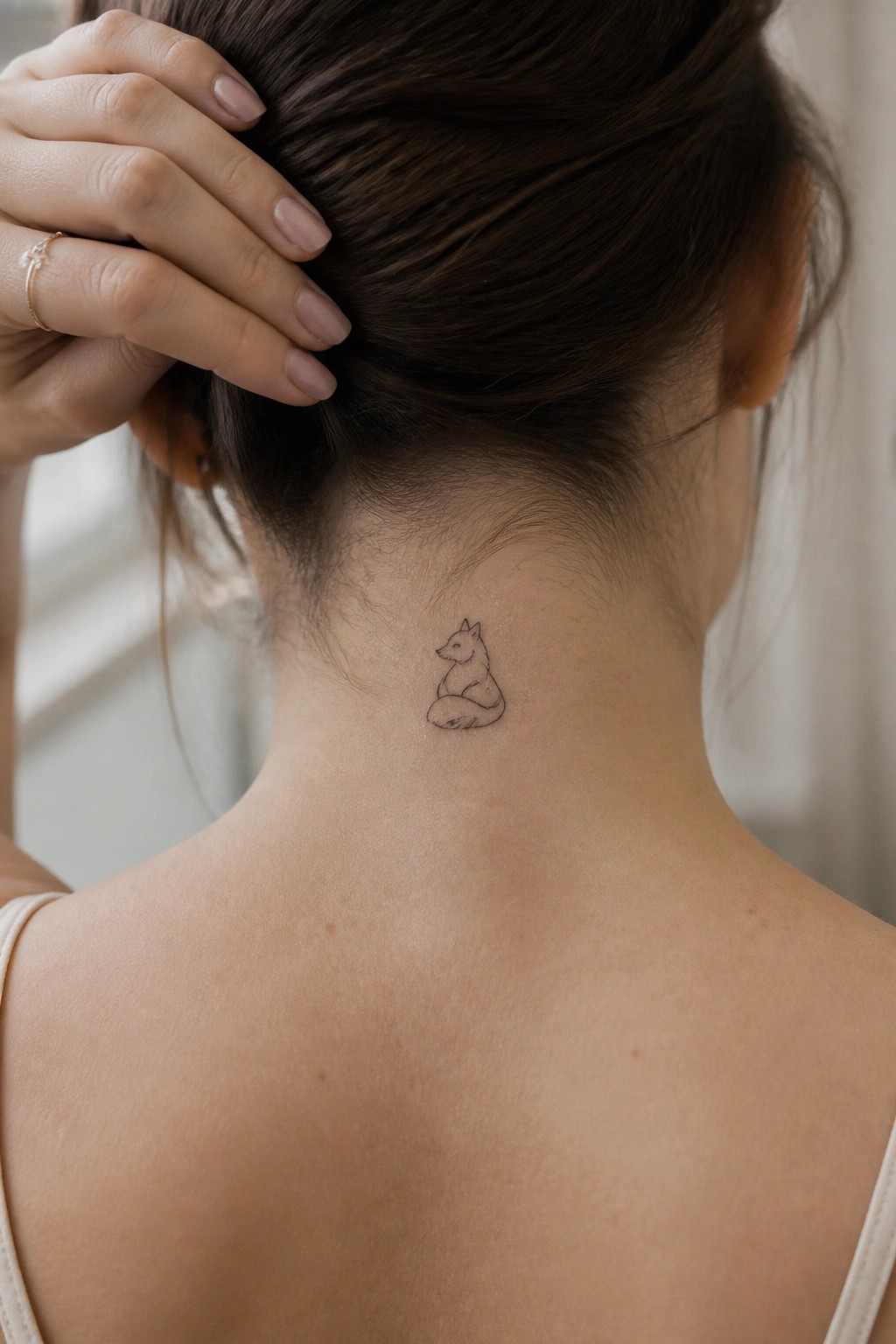Nape with small sitting fox tattoo, hand holding brown hair in bun