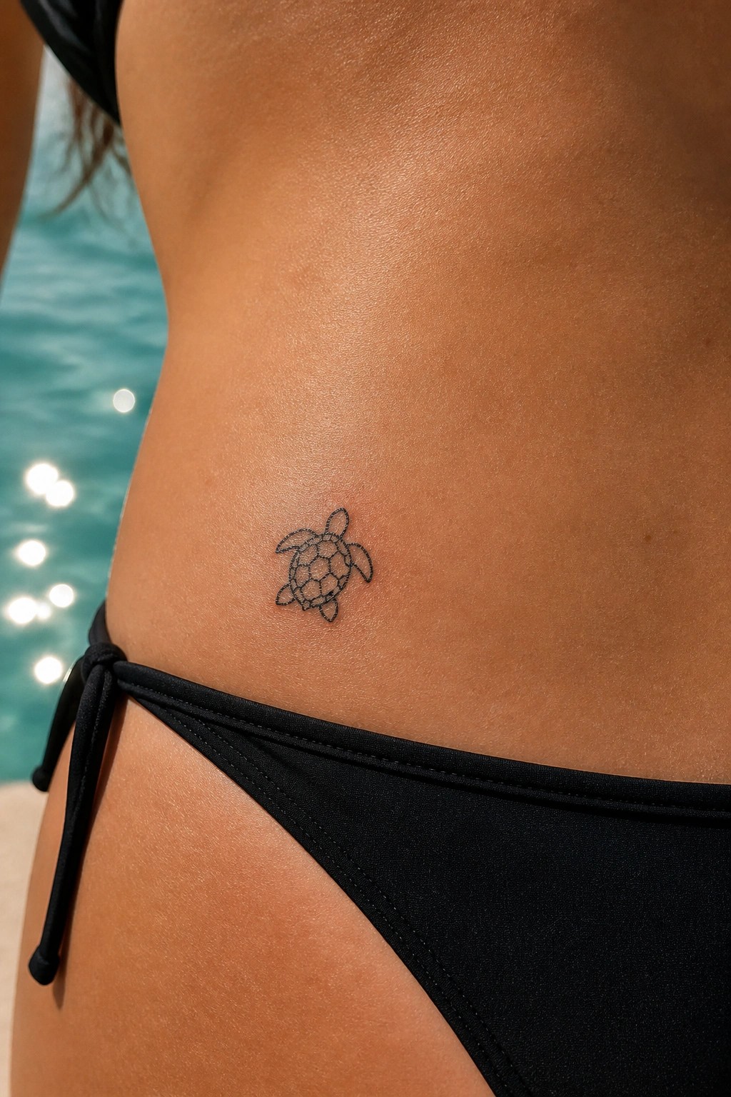 Small black outline sea turtle tattoo placed on the hip just above black bikini bottoms near a pool edge