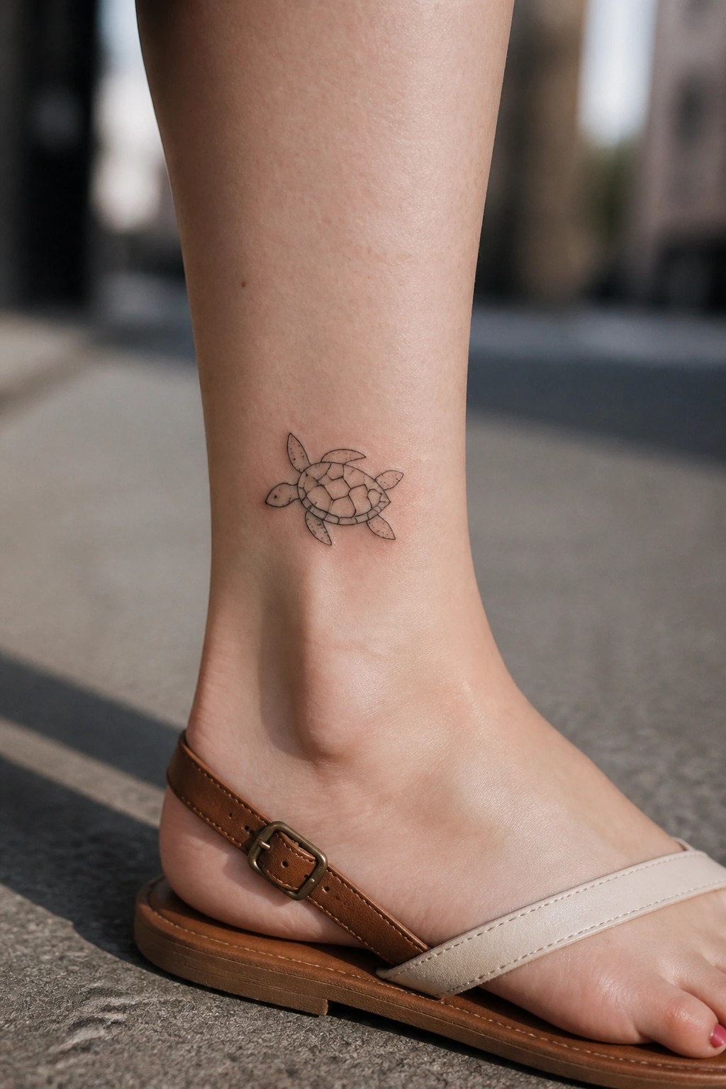Sea turtle tattoo on ankle above brown and beige strappy sandal on pavement