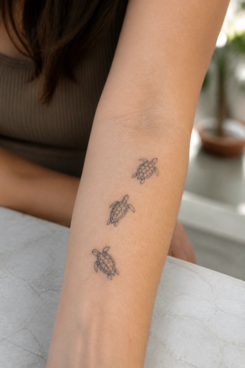 Three small black sea turtle tattoos lined diagonally on a forearm