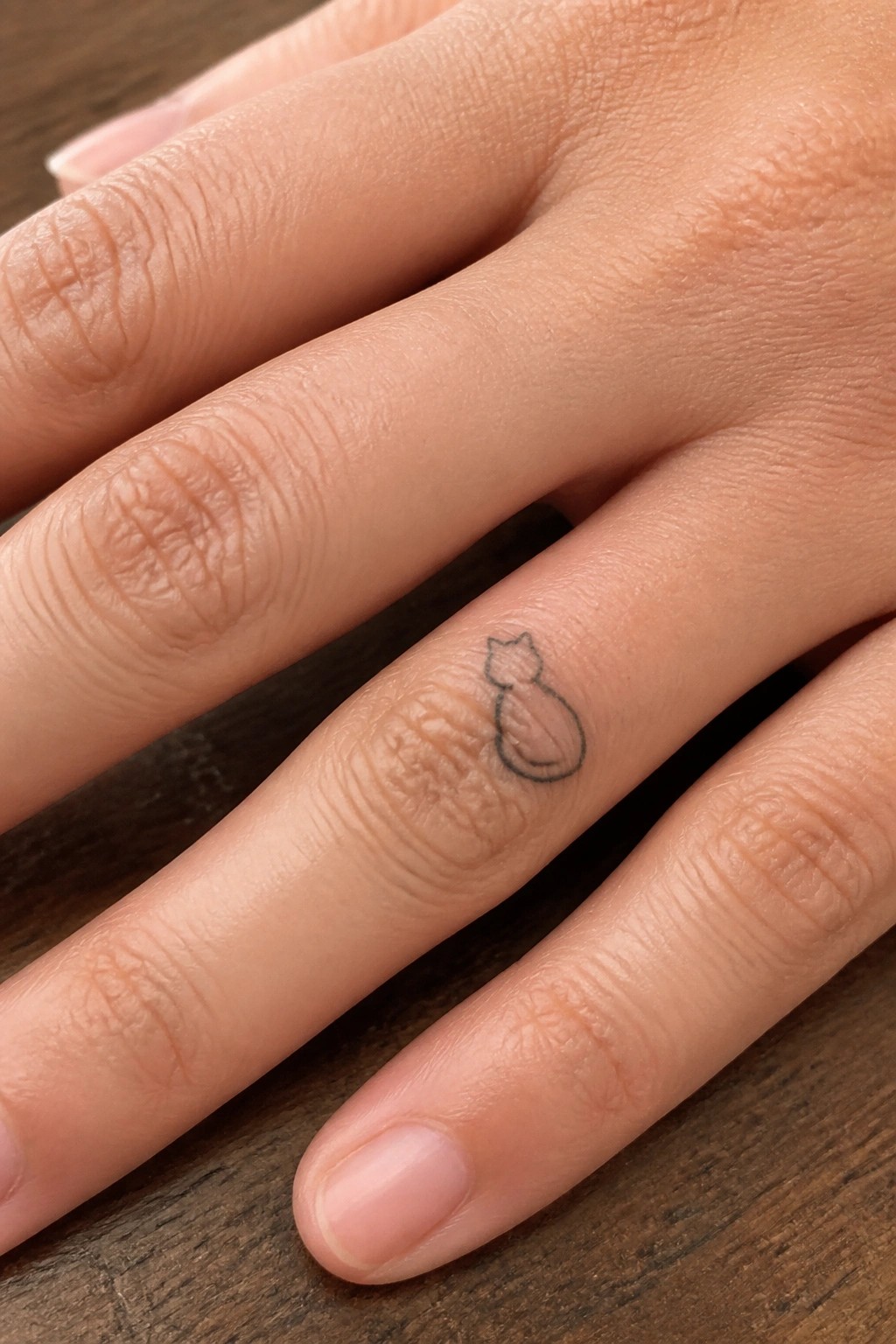 Close-up of light-skinned hand with small black cat tattoo on ring finger.