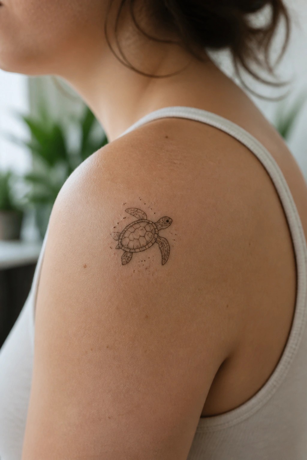 Small sea turtle tattoo on shoulder above white tank top strap.