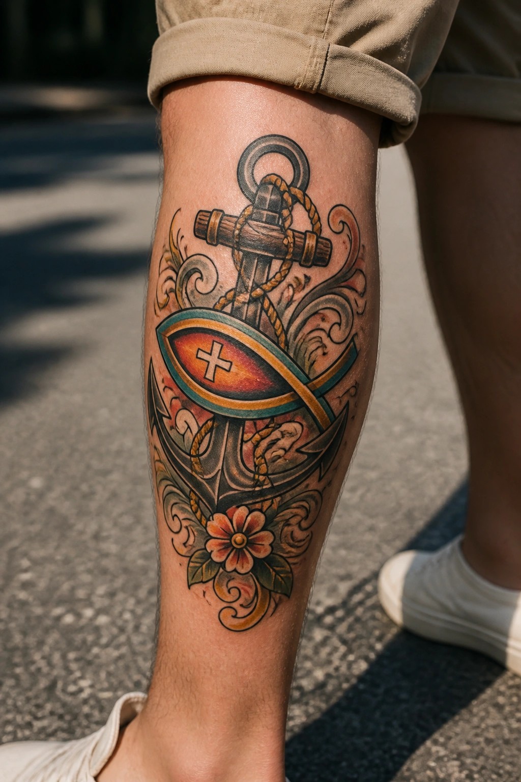 Traditional style tattoo on the lower leg showing a Christian fish symbol with cross combined with an anchor wrapped in rope and accented by waves and a flower.