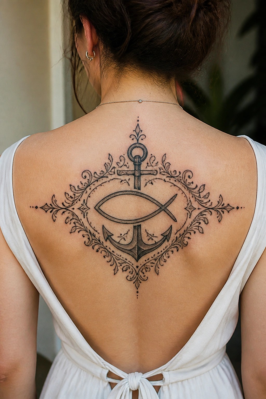 Woman's back with large ornate anchor and fish tattoo in white dress