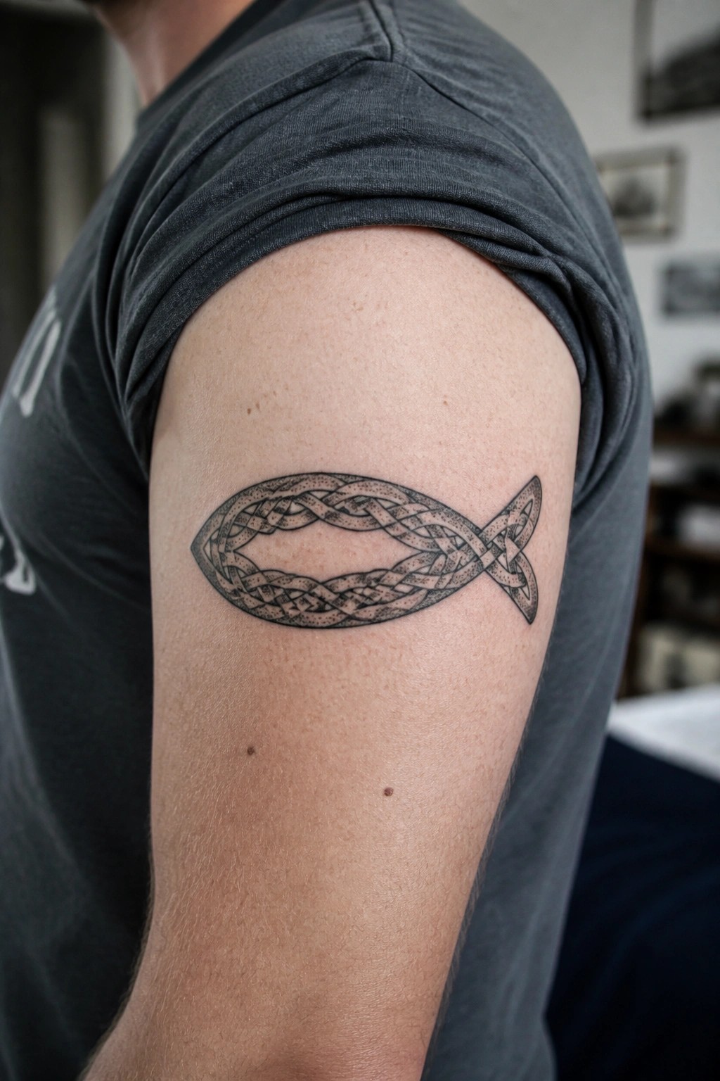 Celtic knot fish tattoo on upper arm under gray t-shirt sleeve.