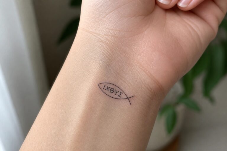 19 Symbolic Christian Fish Tattoo Ideas That Honor Early Christian Faith Minimalist black fish outline tattoo with Greek letters on a wrist