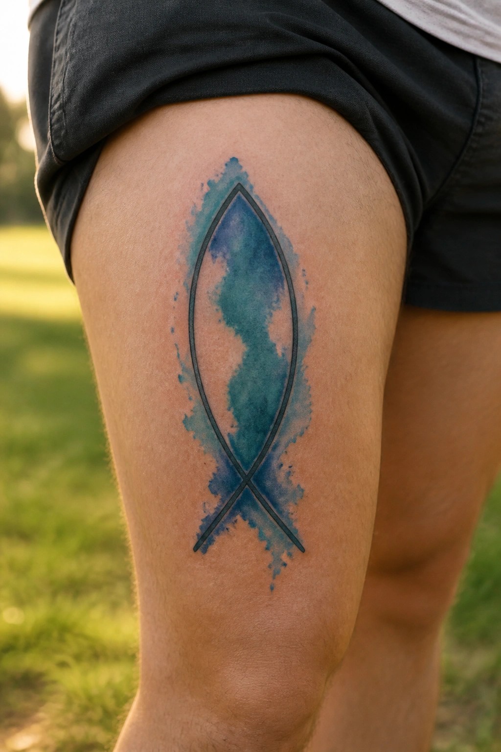 Blue watercolor fish tattoo with black outline and X on thigh under shorts