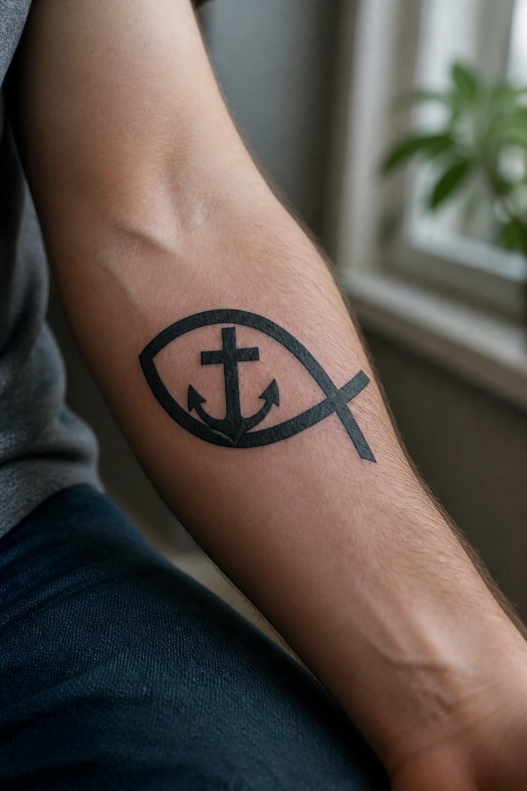 Black fish tattoo with cross and anchor on forearm in blue jeans.