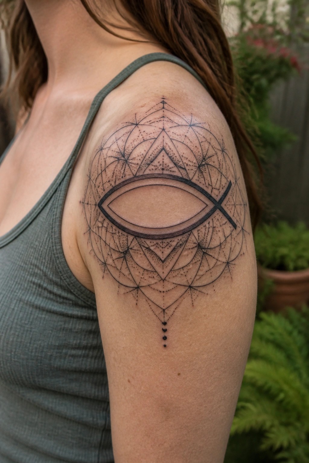 Black ink Christian fish tattoo centered in a geometric mandala style pattern on the upper arm and shoulder.