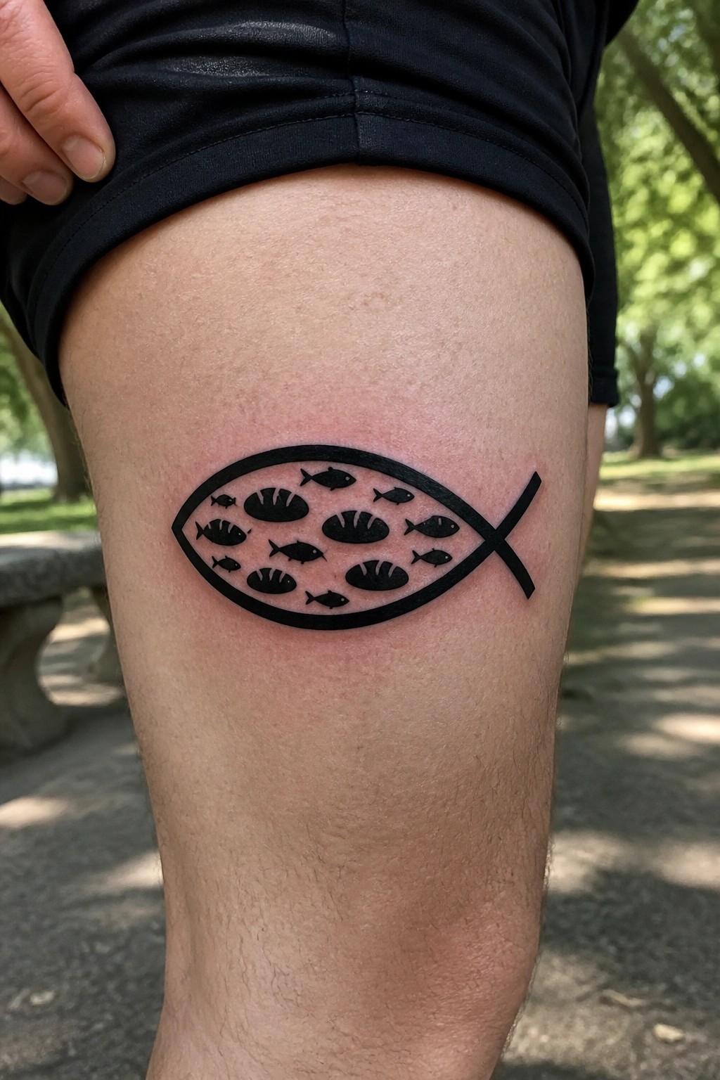 Black fish tattoo filled with smaller fish on thigh below black shorts in park