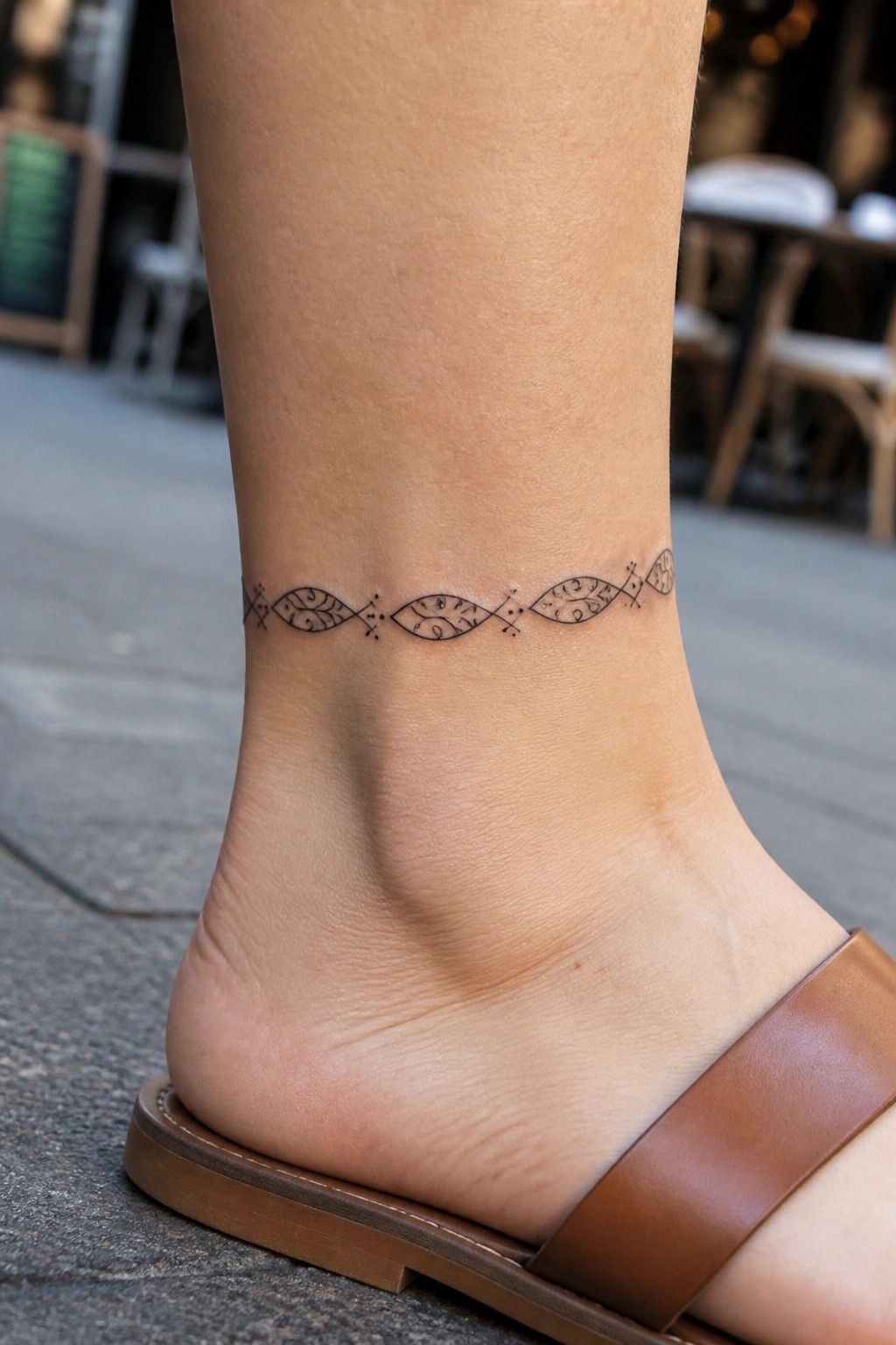 Black fish-patterned anklet tattoo on light skin above brown sandal.