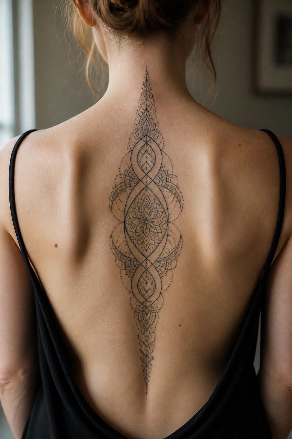 Woman's back with intricate symmetrical black spine tattoo, wearing black tank top.