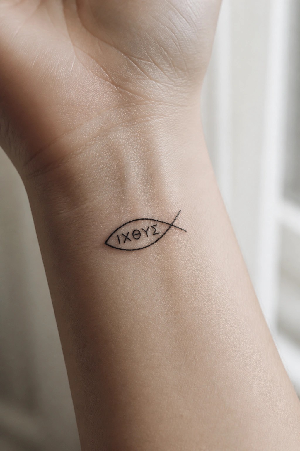 Minimalist black fish outline tattoo with Greek letters on a wrist