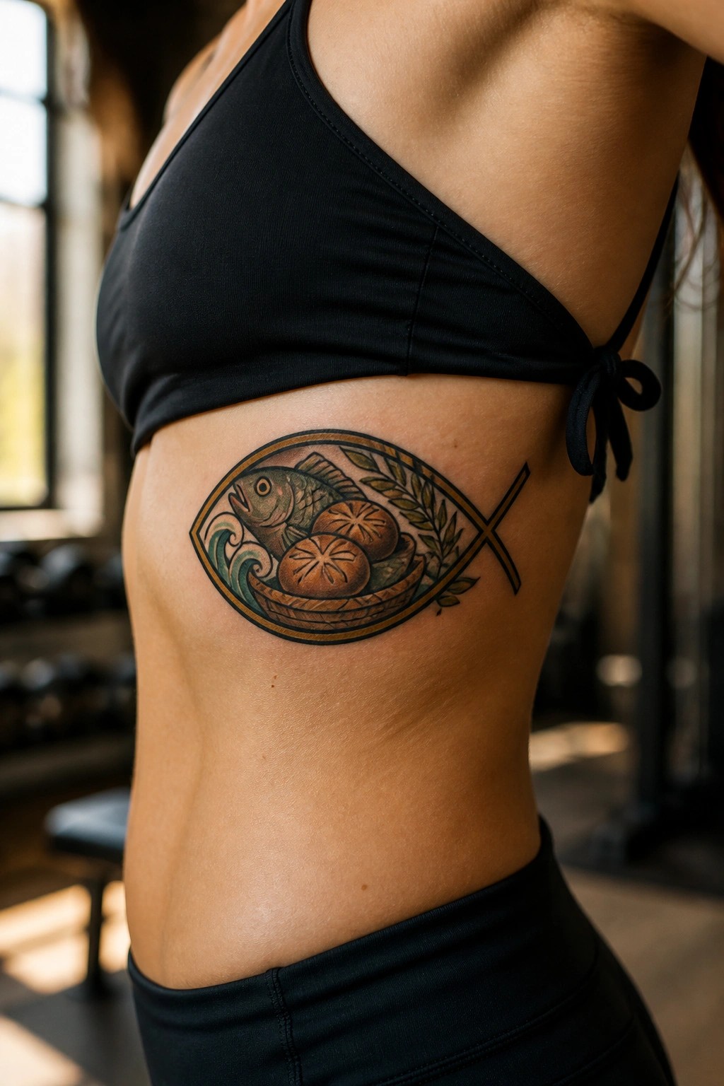 Woman's side in black sports bra with colorful fish tattoo holding bread and cross.