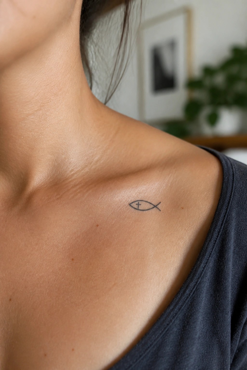 Small fish-with-cross tattoo on collarbone above dark blue shirt