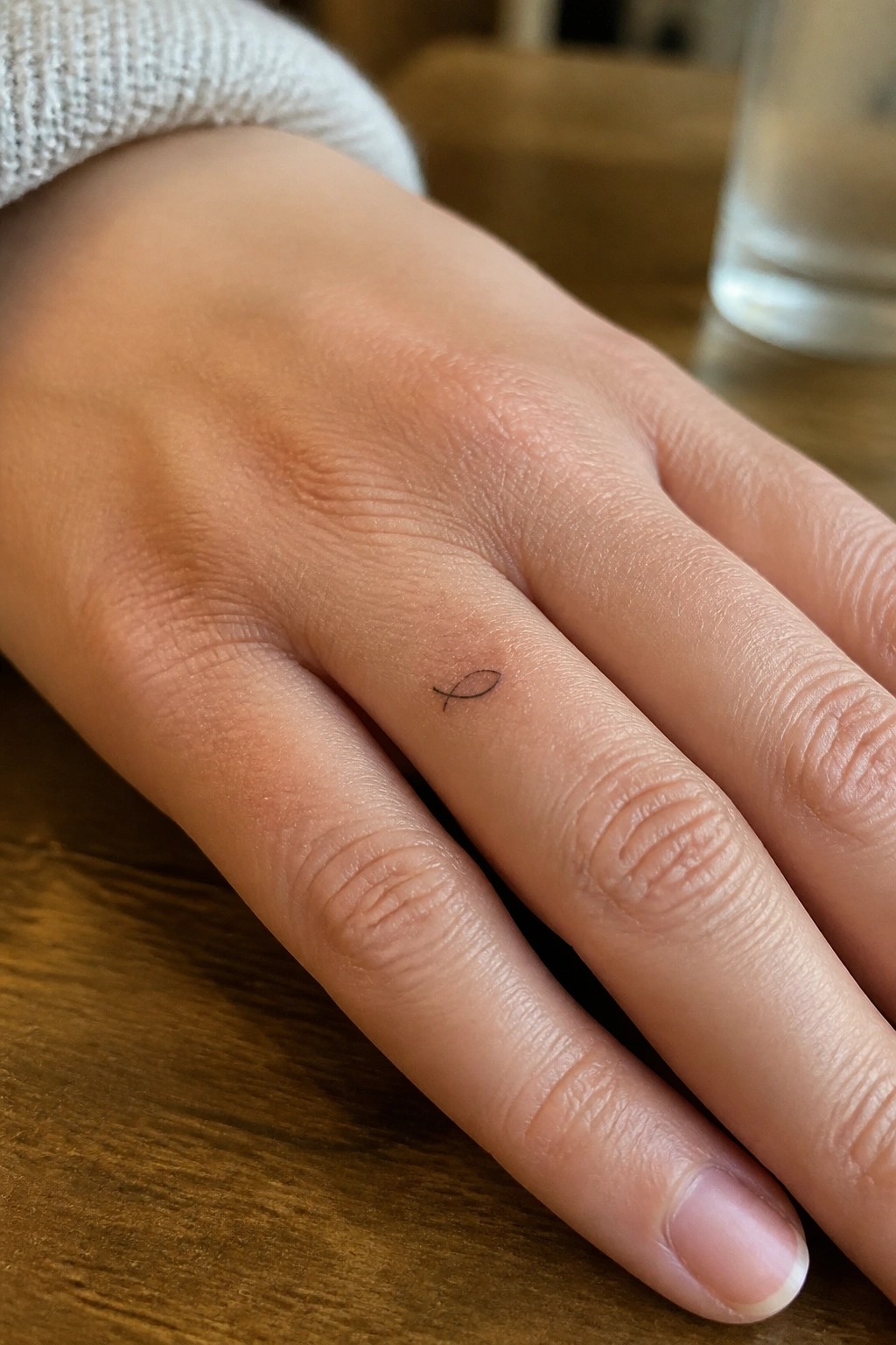 Hand with small fish tattoo on ring finger, white knit sleeve, on wooden table