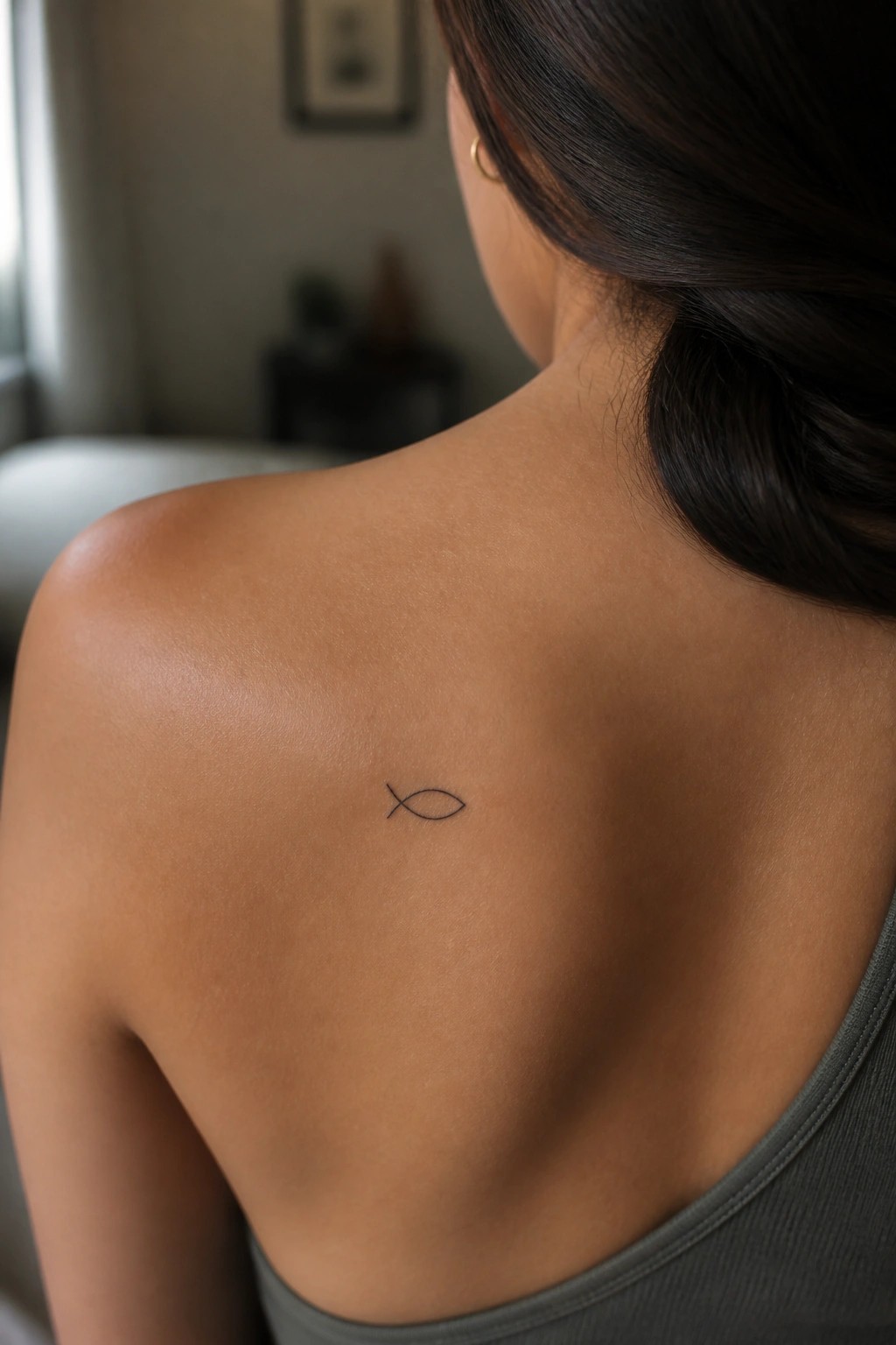 Woman's upper back shows small fish tattoo above gray tank top.