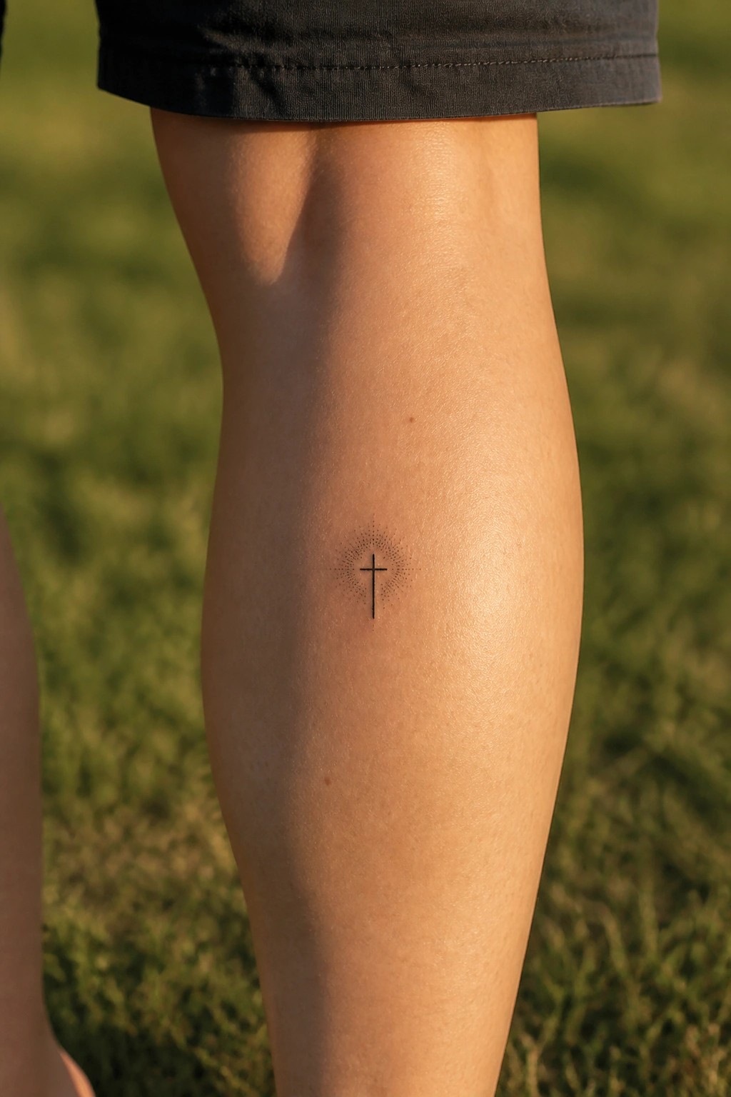 Small cross tattoo with dotted rays on leg below black shorts on green grass