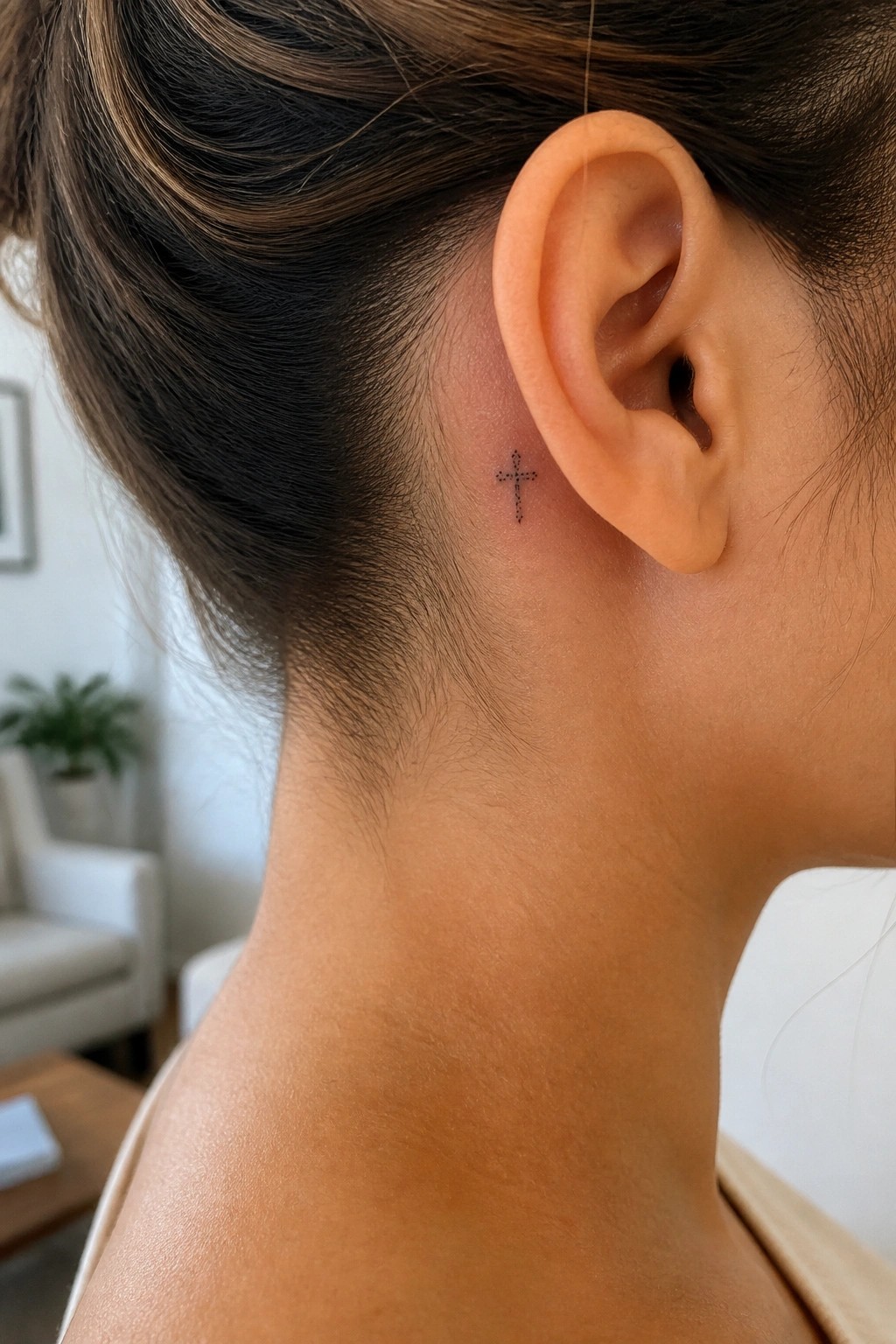 Person with brown hair in a bun and small cross tattoo behind the ear